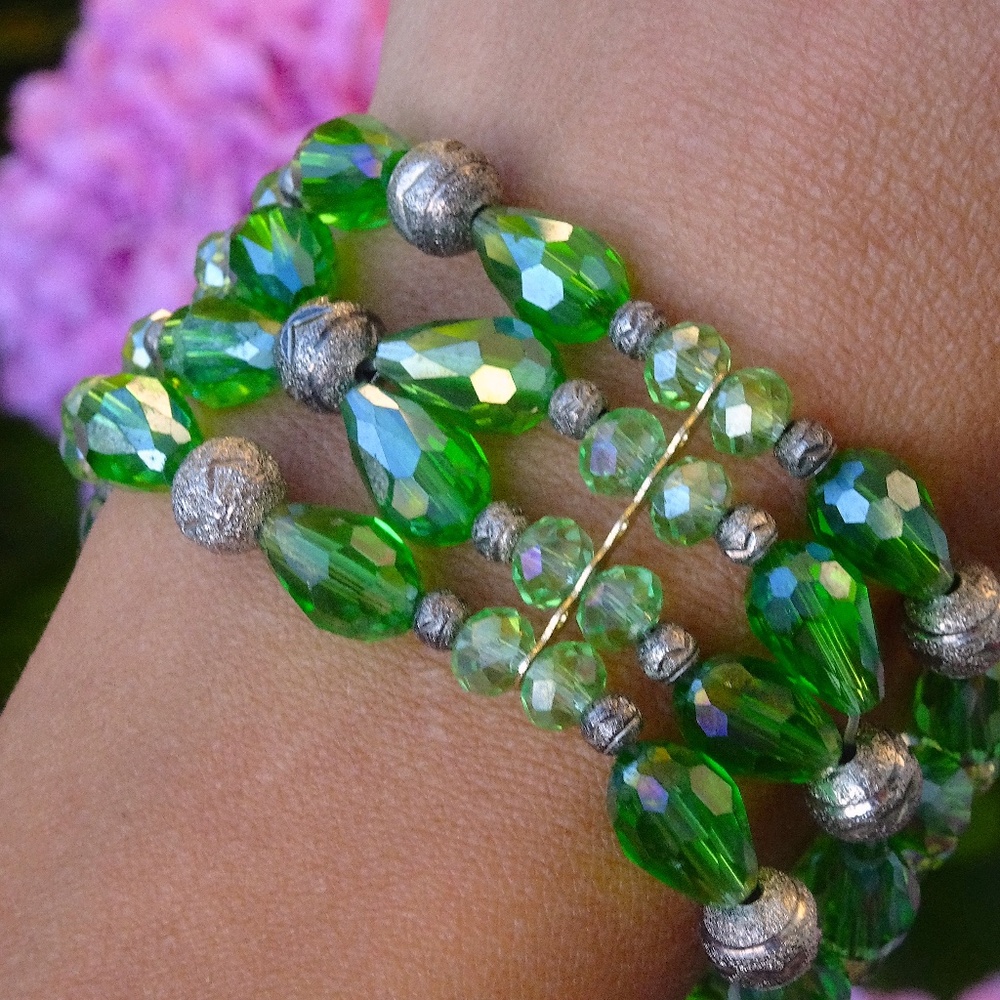 Four Strand Green Peridot AB Beaded Czech Crystal Elastic Stretch Bracelet